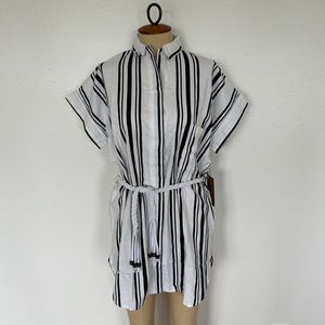 Soleil Striped Linen Blend Braided Tie Waist Shirt Dress Size M